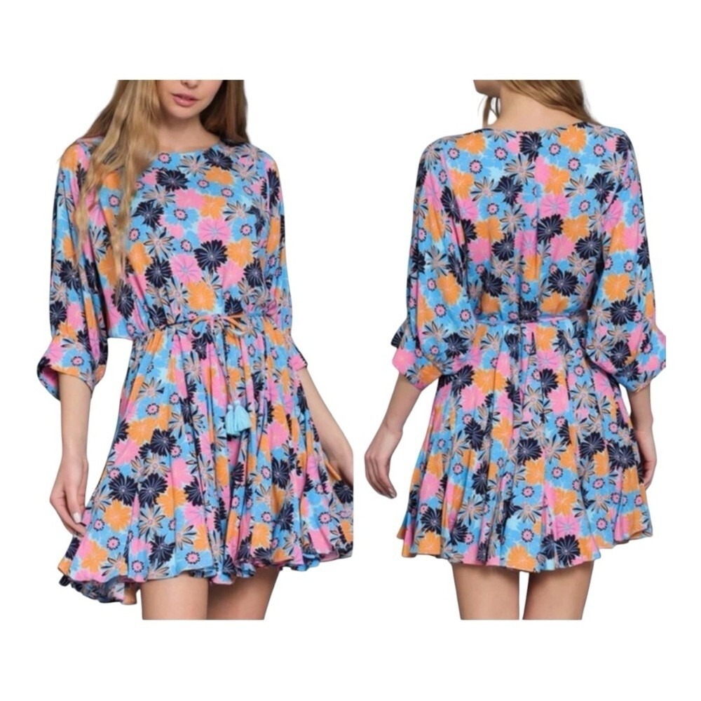 Aakaa Floral Mini‎ Dress Womens XL Blue Pink Boho Tassel Drawstring Boho Peasant